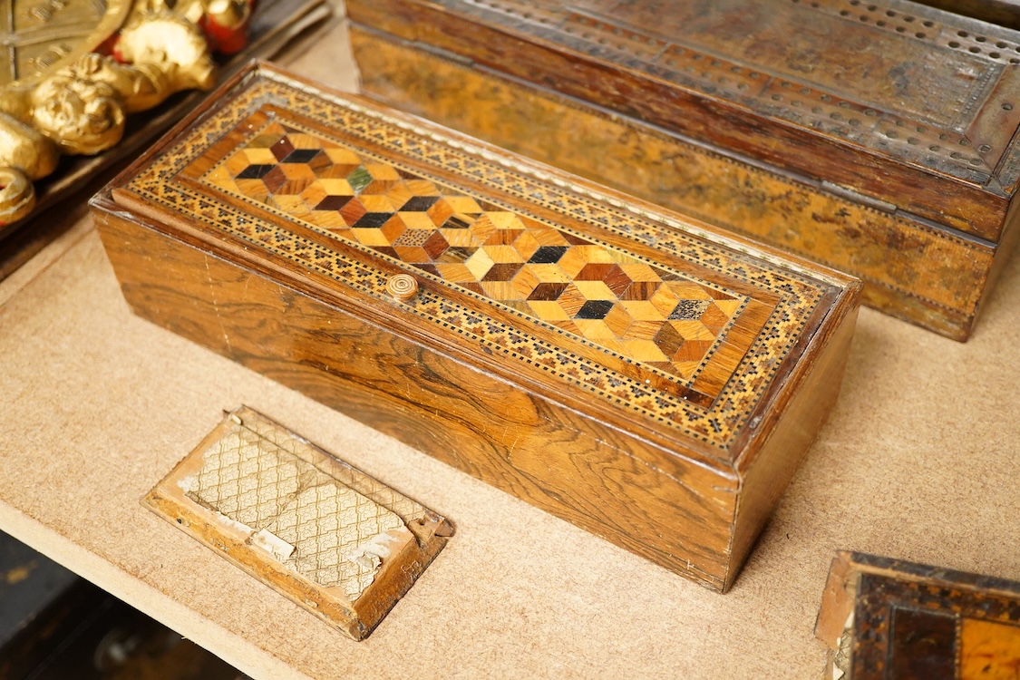Tunbridge ware - two cribbage board boxes, a sewing box with accessories and another box, largest 26cm wide